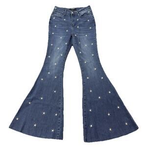 Judy Blue 5/27 Super Flare High Rise Dark Star Embroidered Jeans Womens Y2K Boho